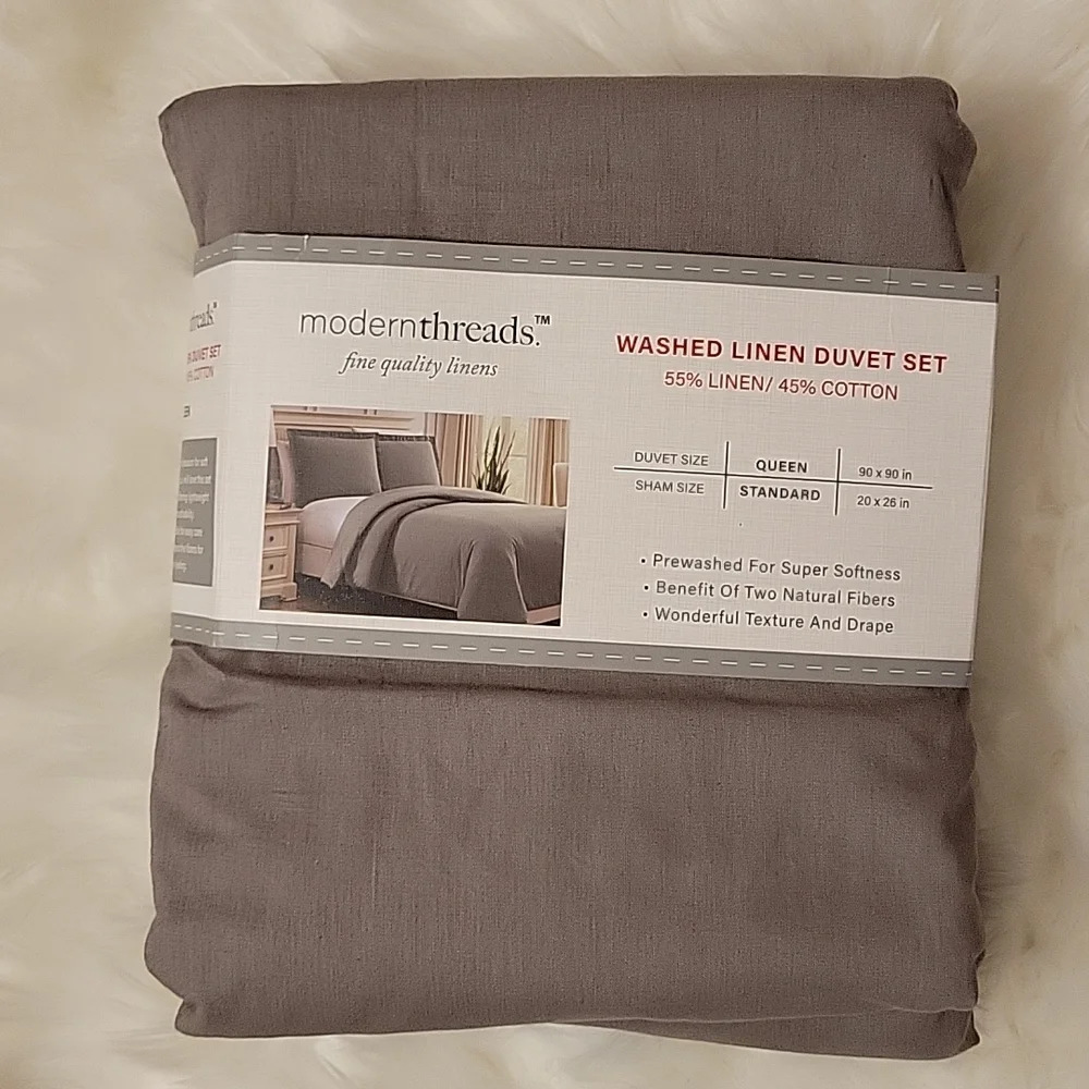 Modern Threads Platinum Natural Fiber washed linen duvet set Queen NEW 90x90